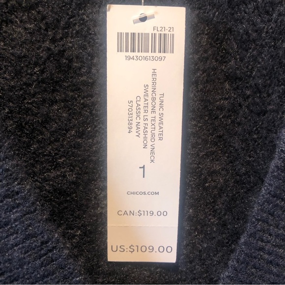 NWT Chicos tunic sweater herringbone texture navy blue super soft deep v neck M - Picture 2 of 10